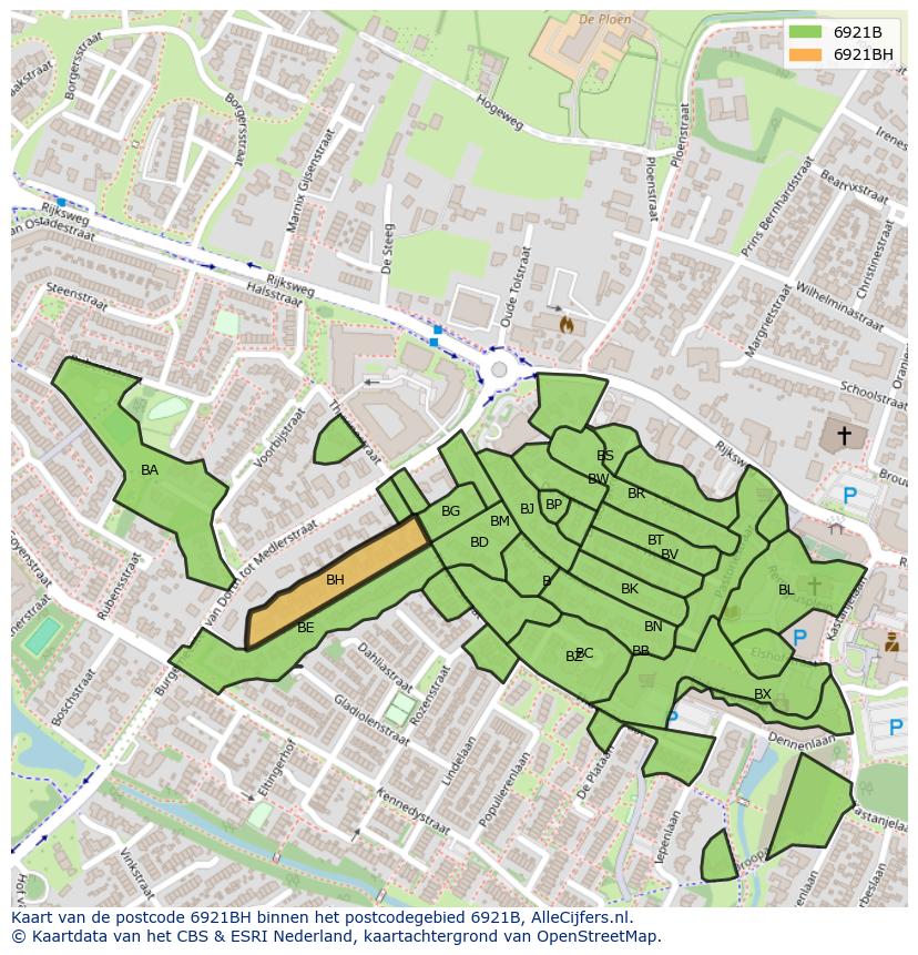 Afbeelding van het postcodegebied 6921 BH op de kaart.
