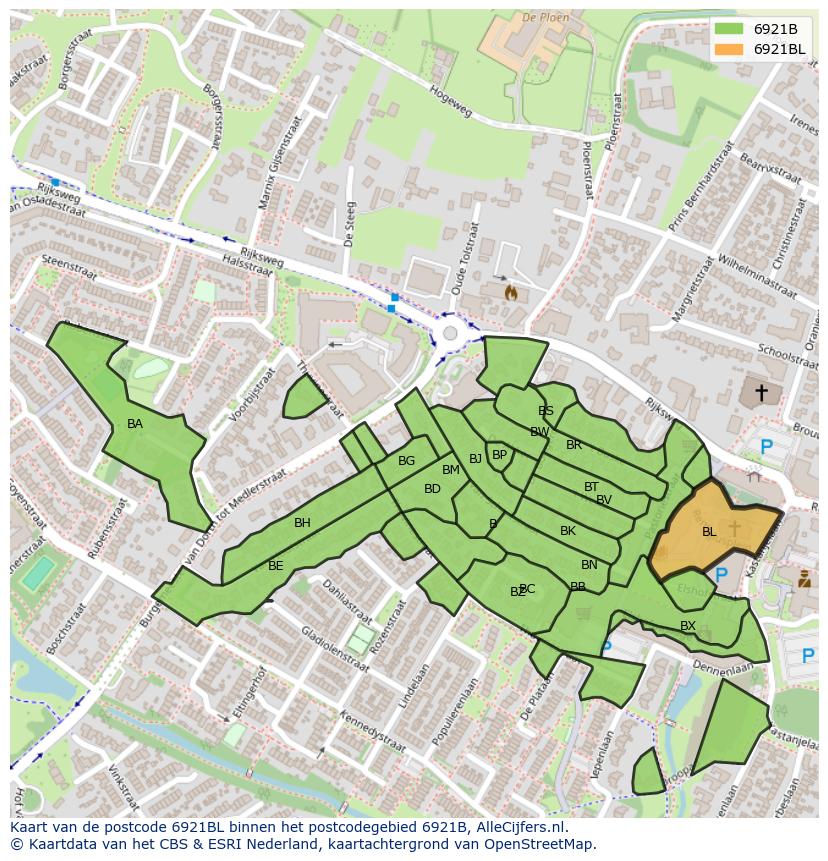 Afbeelding van het postcodegebied 6921 BL op de kaart.