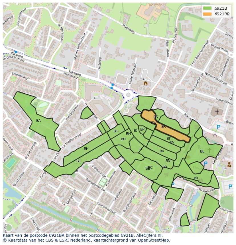 Afbeelding van het postcodegebied 6921 BR op de kaart.