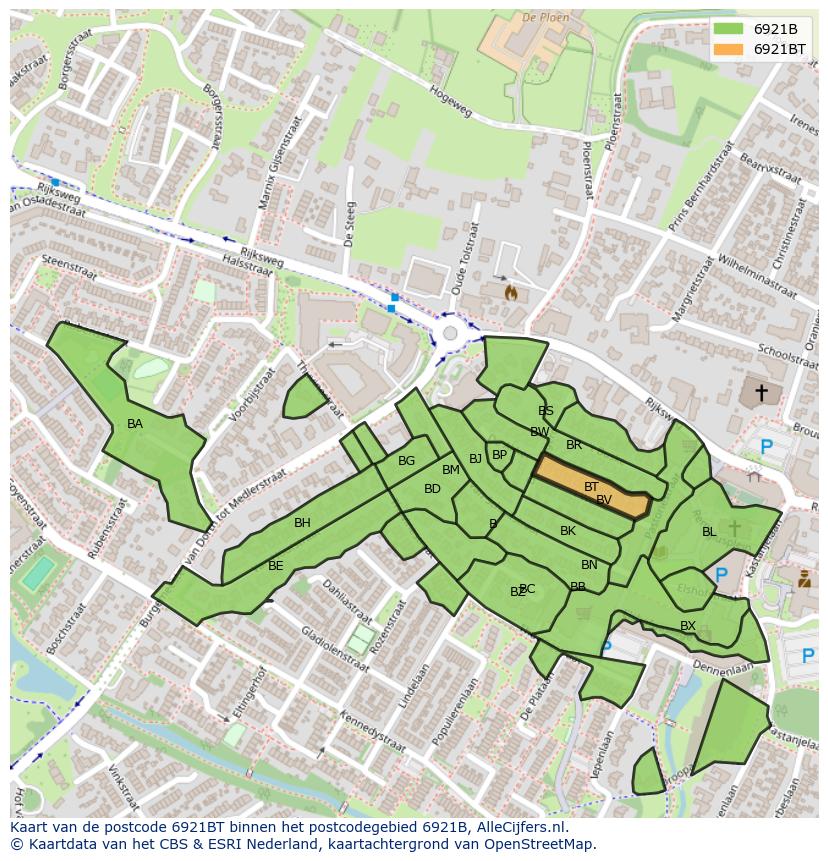 Afbeelding van het postcodegebied 6921 BT op de kaart.