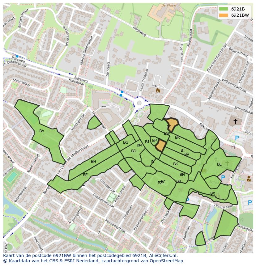 Afbeelding van het postcodegebied 6921 BW op de kaart.