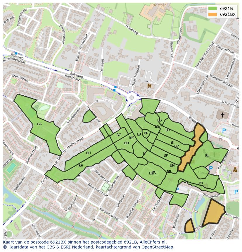 Afbeelding van het postcodegebied 6921 BX op de kaart.