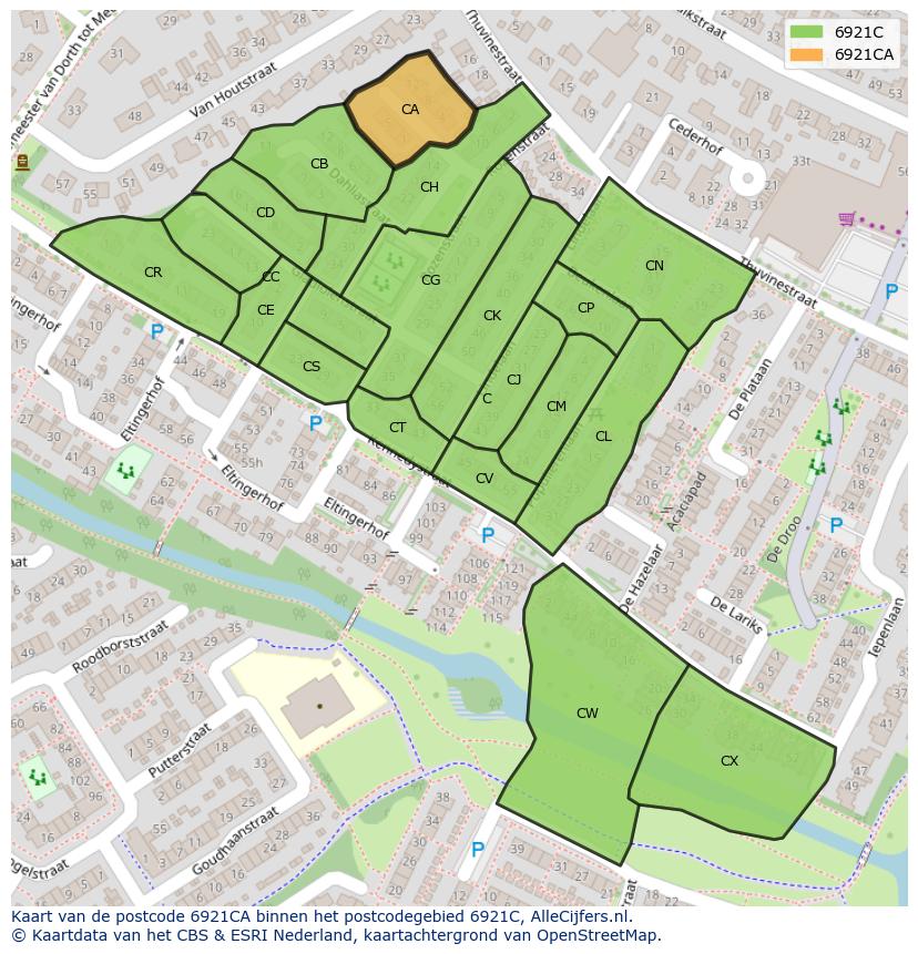 Afbeelding van het postcodegebied 6921 CA op de kaart.