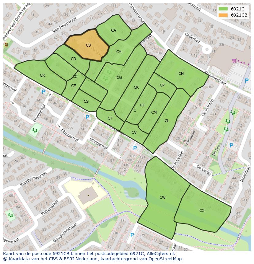 Afbeelding van het postcodegebied 6921 CB op de kaart.