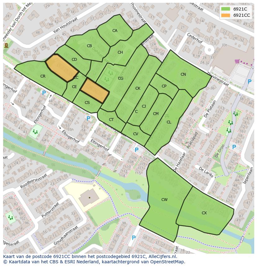Afbeelding van het postcodegebied 6921 CC op de kaart.