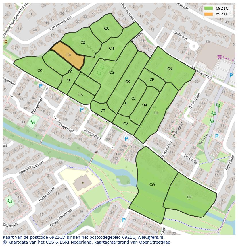 Afbeelding van het postcodegebied 6921 CD op de kaart.