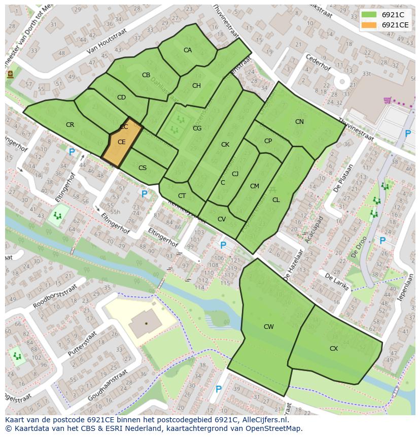 Afbeelding van het postcodegebied 6921 CE op de kaart.