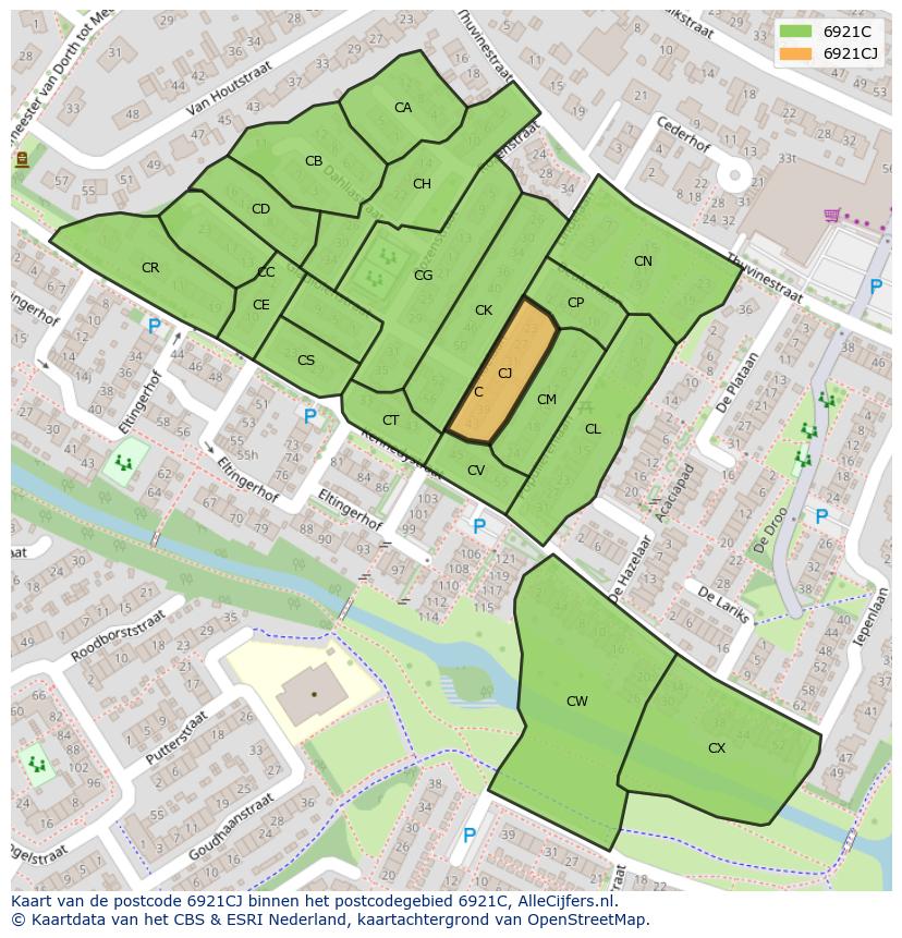 Afbeelding van het postcodegebied 6921 CJ op de kaart.