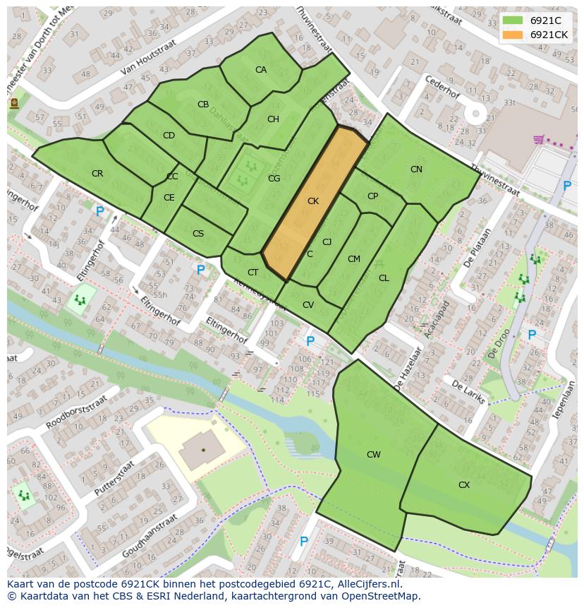 Afbeelding van het postcodegebied 6921 CK op de kaart.