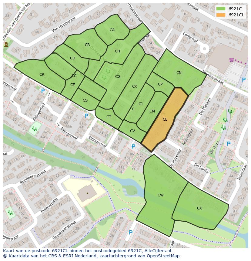 Afbeelding van het postcodegebied 6921 CL op de kaart.