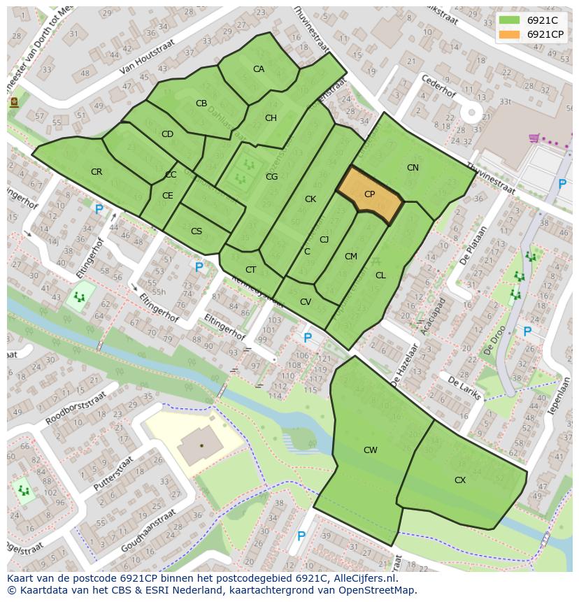 Afbeelding van het postcodegebied 6921 CP op de kaart.