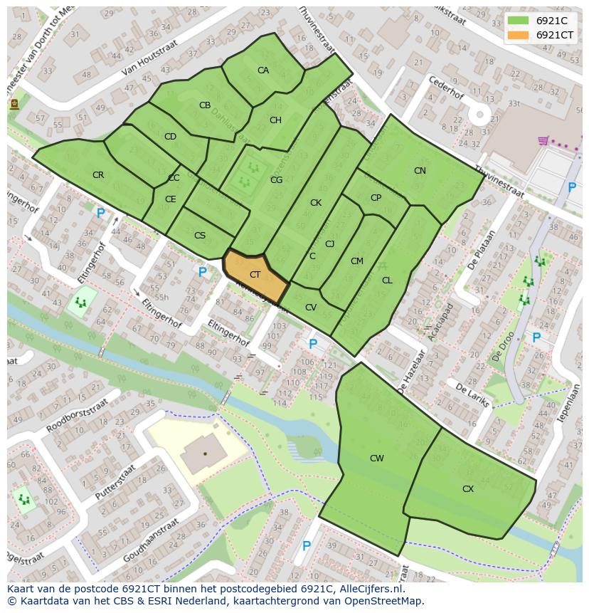 Afbeelding van het postcodegebied 6921 CT op de kaart.