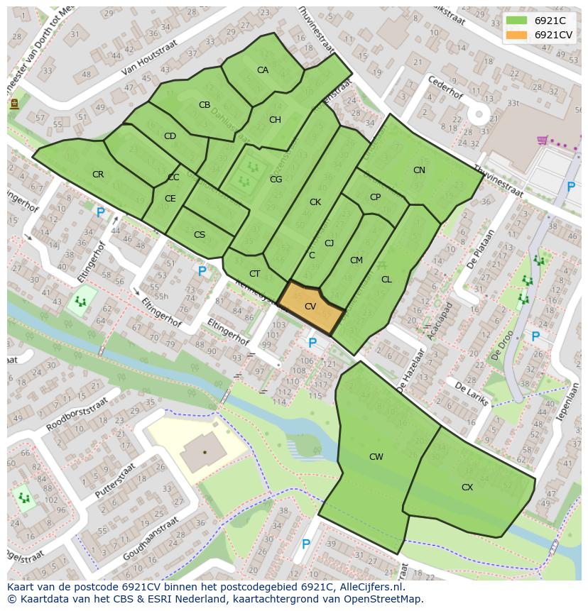 Afbeelding van het postcodegebied 6921 CV op de kaart.