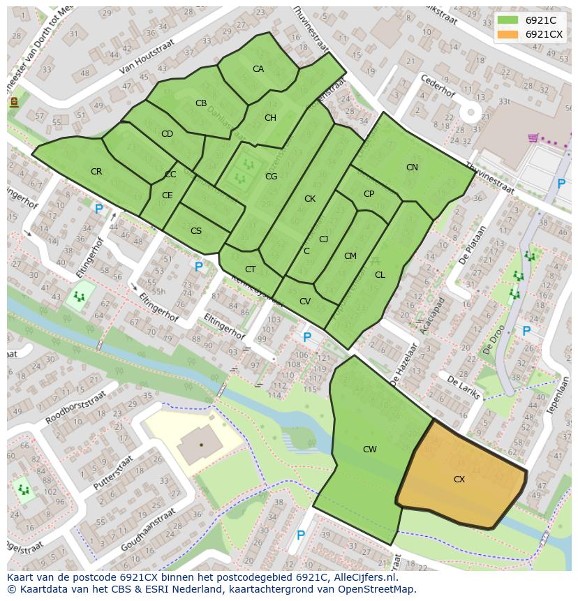 Afbeelding van het postcodegebied 6921 CX op de kaart.