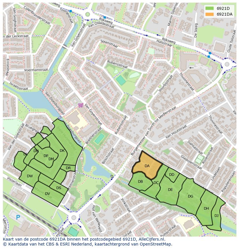 Afbeelding van het postcodegebied 6921 DA op de kaart.