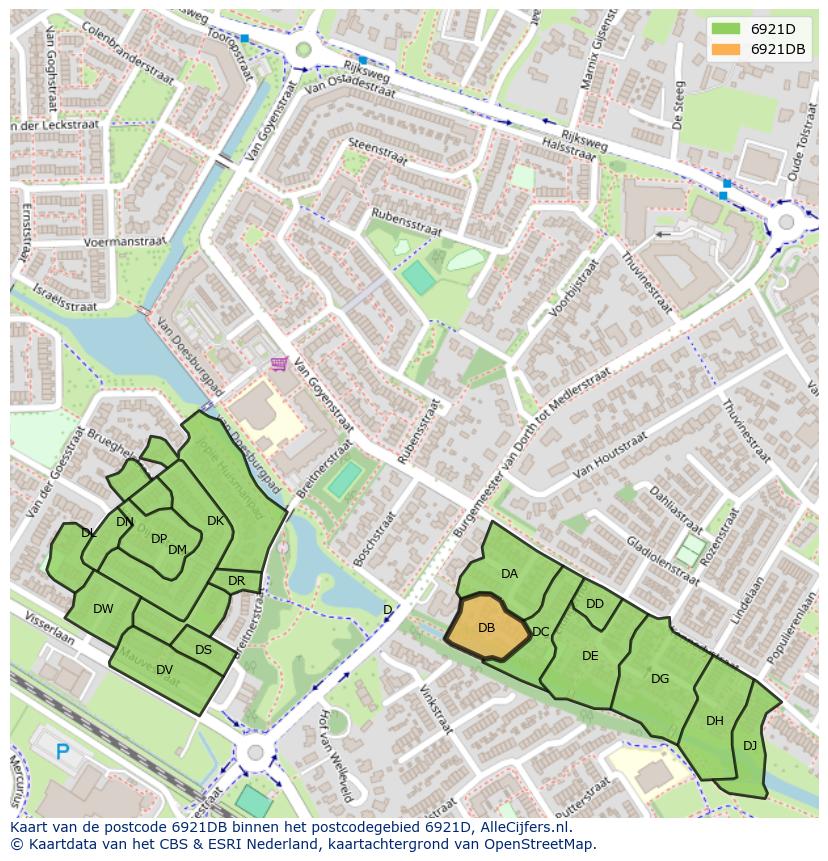 Afbeelding van het postcodegebied 6921 DB op de kaart.