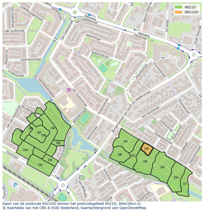 Afbeelding van het postcodegebied 6921 DD op de kaart.