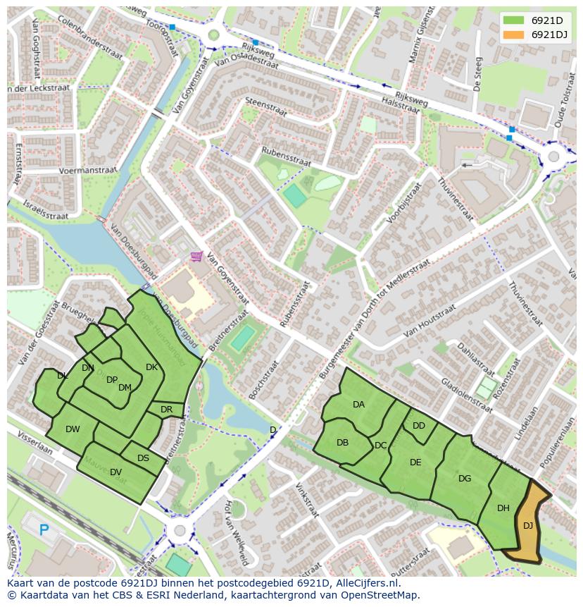 Afbeelding van het postcodegebied 6921 DJ op de kaart.