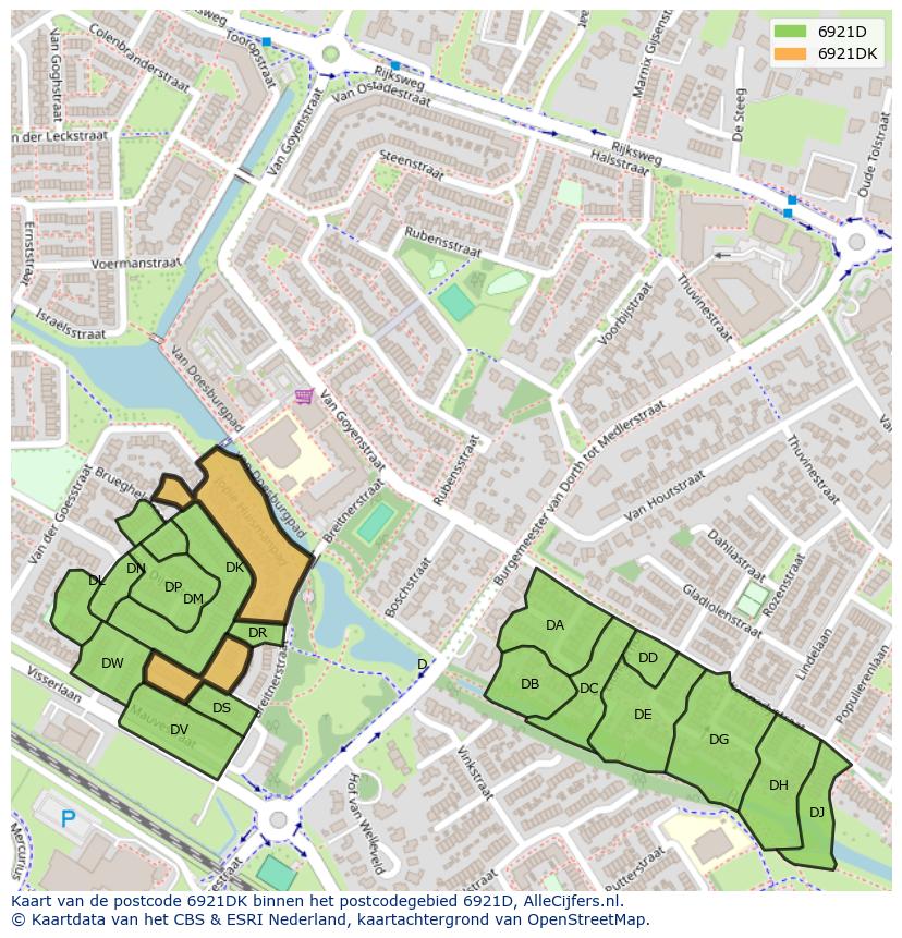 Afbeelding van het postcodegebied 6921 DK op de kaart.