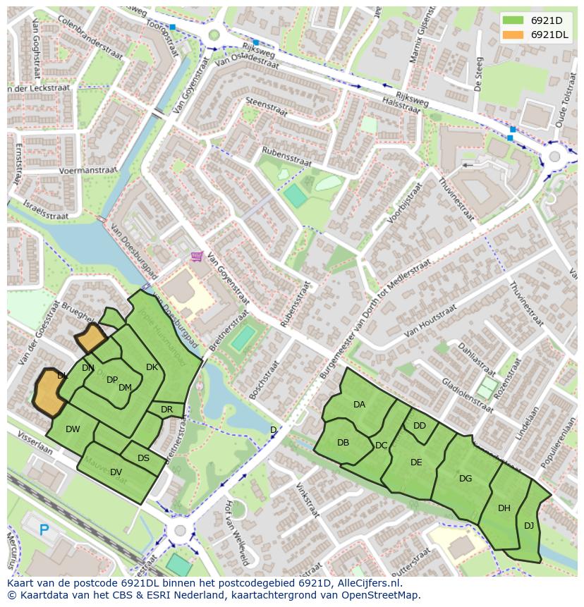Afbeelding van het postcodegebied 6921 DL op de kaart.