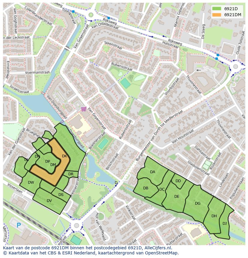 Afbeelding van het postcodegebied 6921 DM op de kaart.