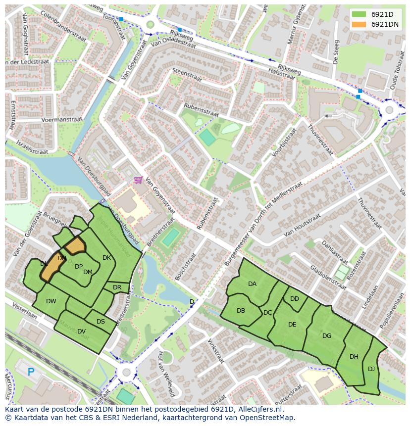 Afbeelding van het postcodegebied 6921 DN op de kaart.