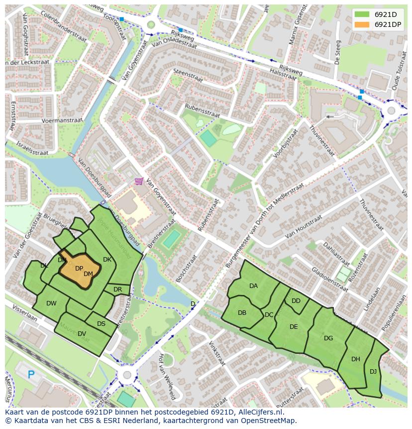 Afbeelding van het postcodegebied 6921 DP op de kaart.