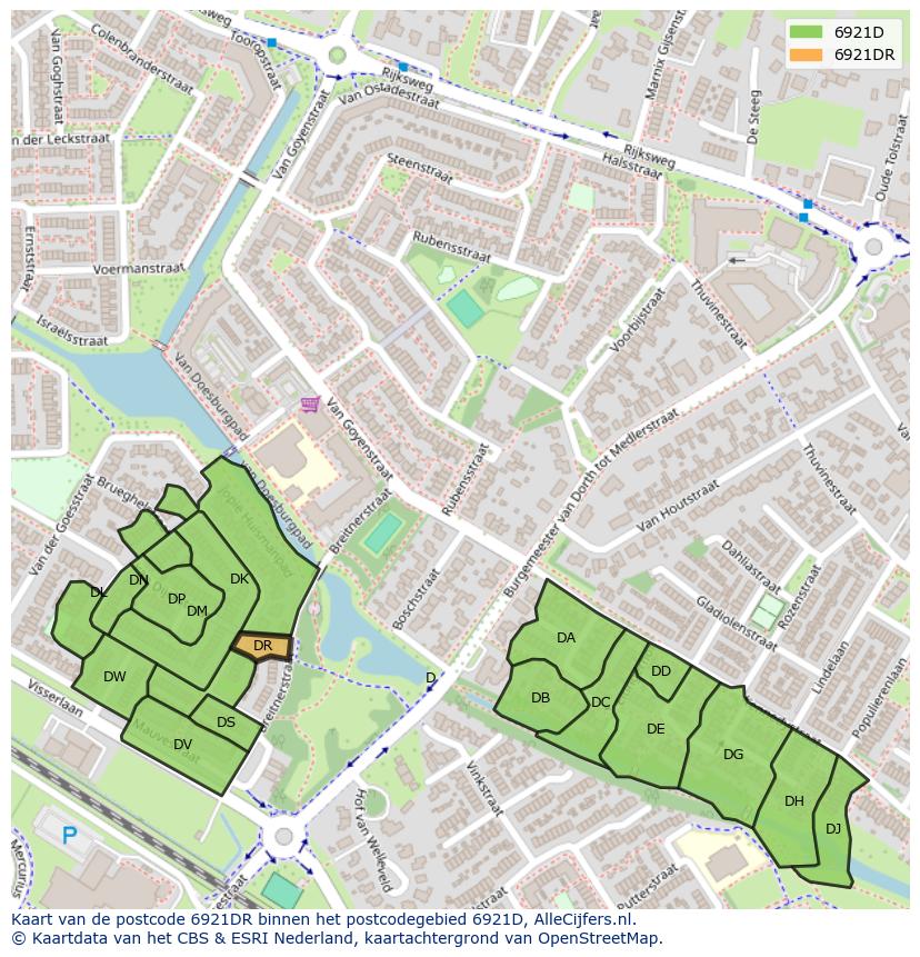 Afbeelding van het postcodegebied 6921 DR op de kaart.