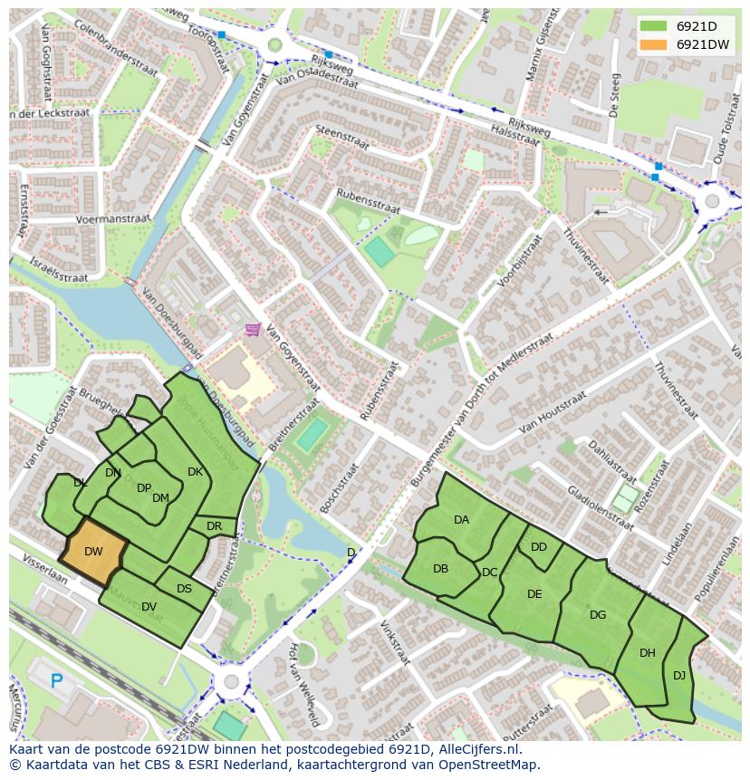 Afbeelding van het postcodegebied 6921 DW op de kaart.