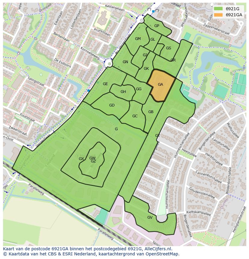 Afbeelding van het postcodegebied 6921 GA op de kaart.