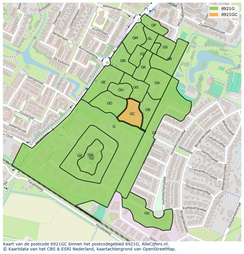 Afbeelding van het postcodegebied 6921 GC op de kaart.