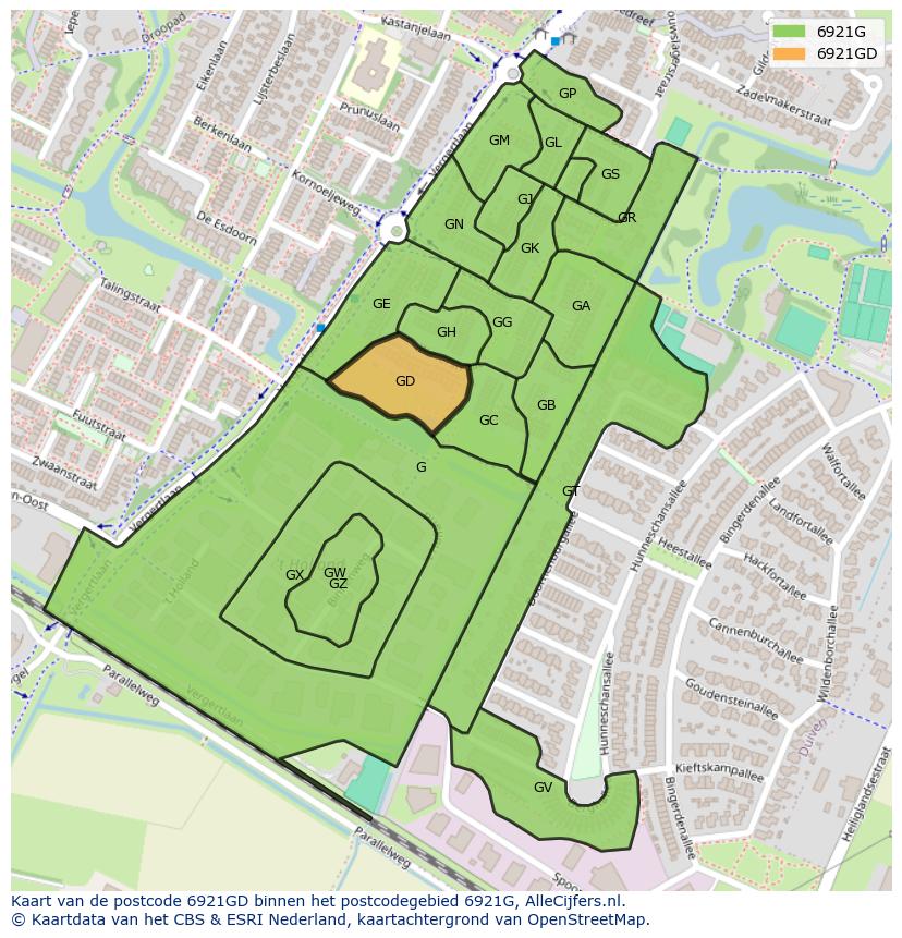 Afbeelding van het postcodegebied 6921 GD op de kaart.