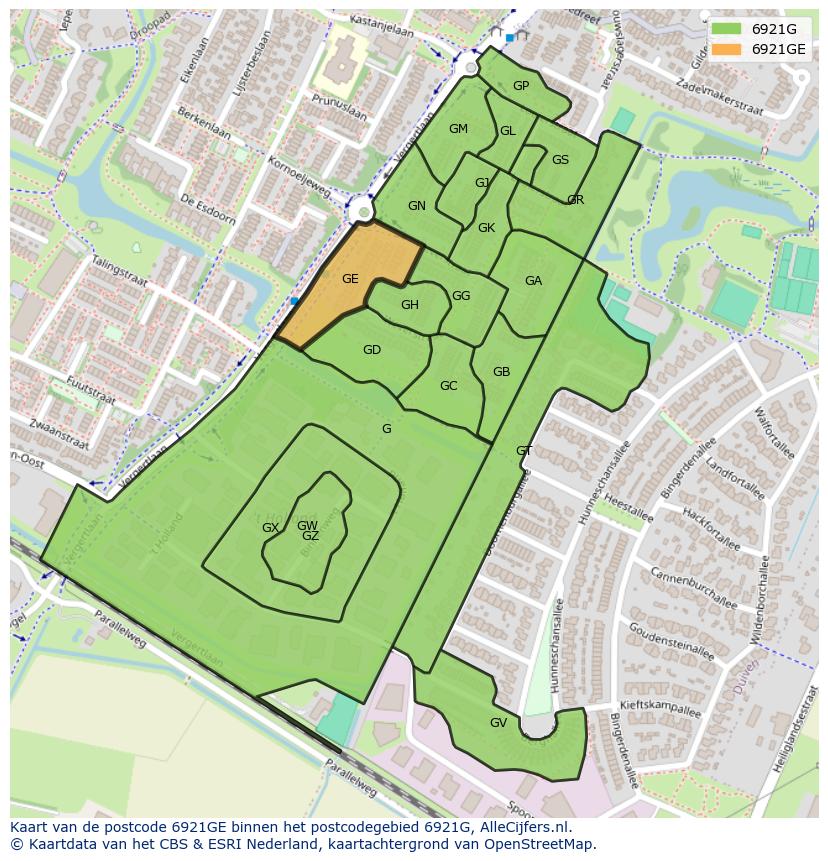 Afbeelding van het postcodegebied 6921 GE op de kaart.