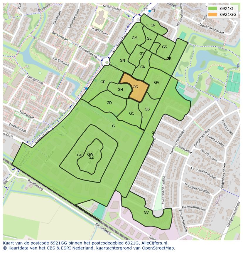 Afbeelding van het postcodegebied 6921 GG op de kaart.