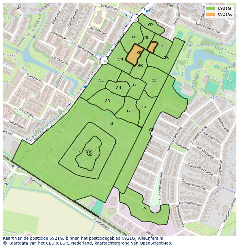 Afbeelding van het postcodegebied 6921 GJ op de kaart.