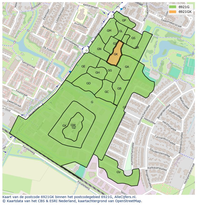 Afbeelding van het postcodegebied 6921 GK op de kaart.