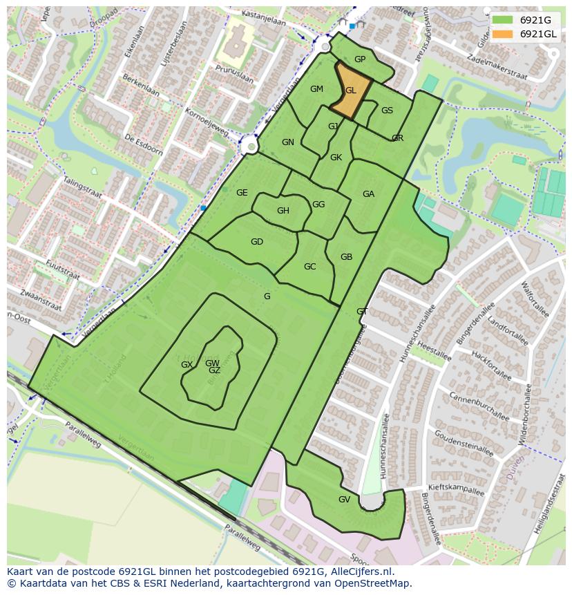Afbeelding van het postcodegebied 6921 GL op de kaart.