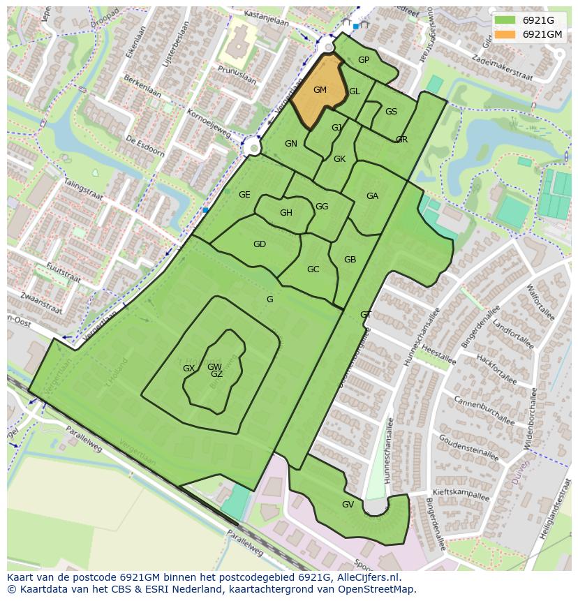 Afbeelding van het postcodegebied 6921 GM op de kaart.
