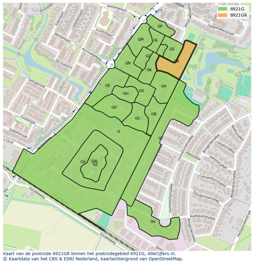 Afbeelding van het postcodegebied 6921 GR op de kaart.