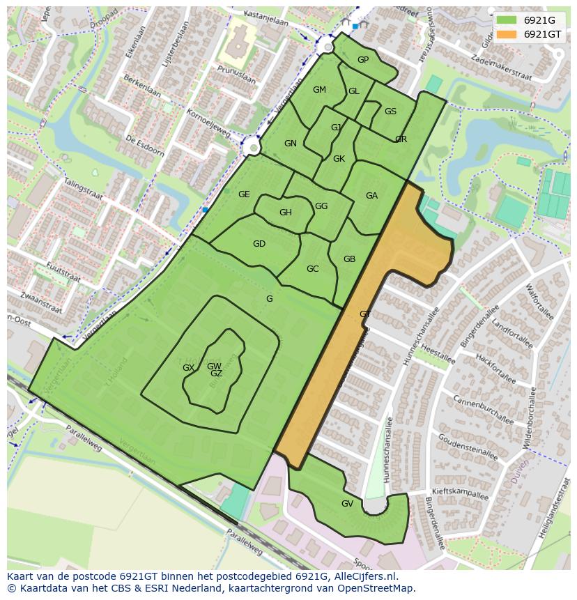 Afbeelding van het postcodegebied 6921 GT op de kaart.