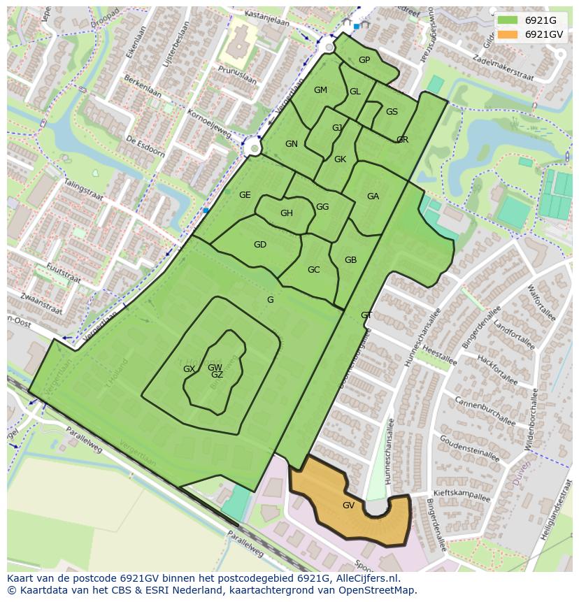 Afbeelding van het postcodegebied 6921 GV op de kaart.