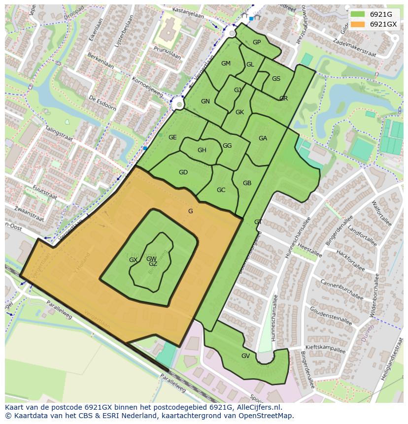 Afbeelding van het postcodegebied 6921 GX op de kaart.