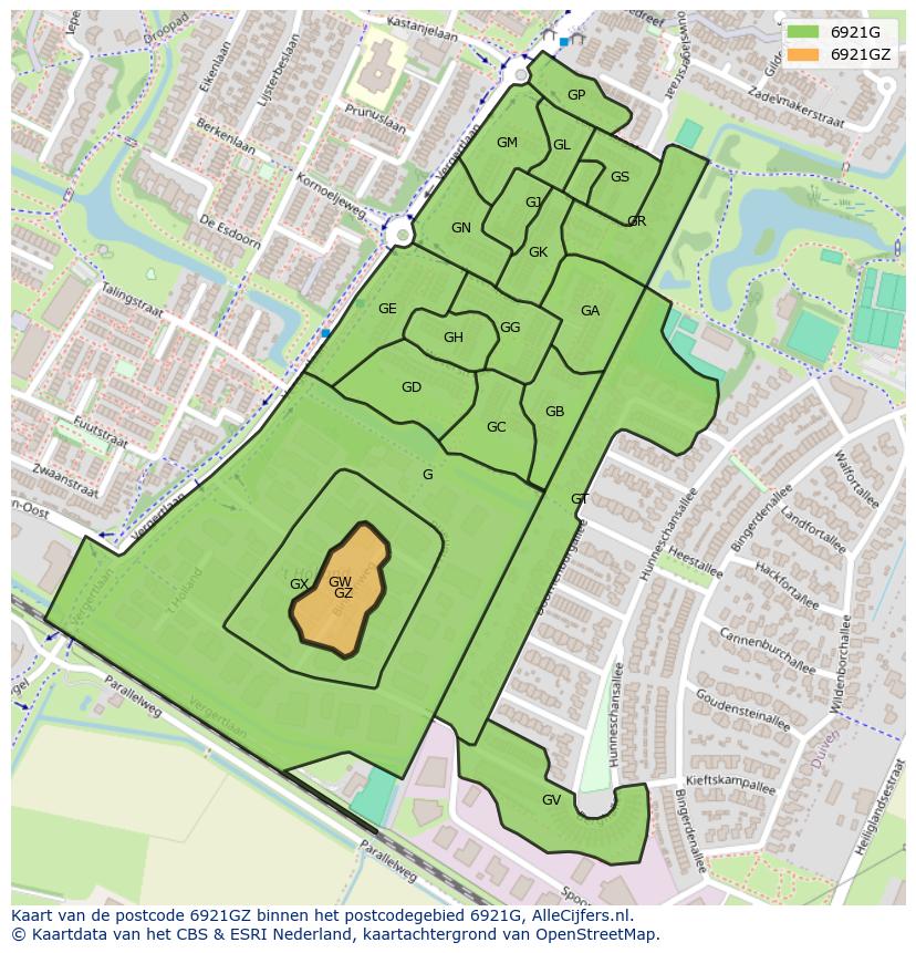 Afbeelding van het postcodegebied 6921 GZ op de kaart.