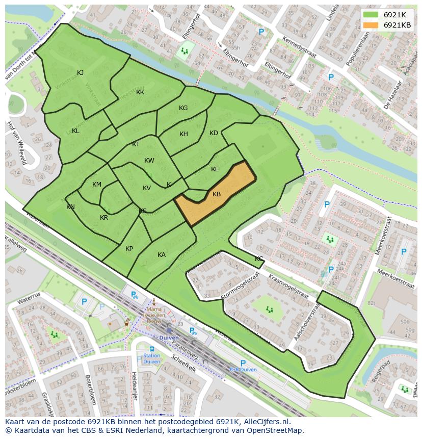 Afbeelding van het postcodegebied 6921 KB op de kaart.