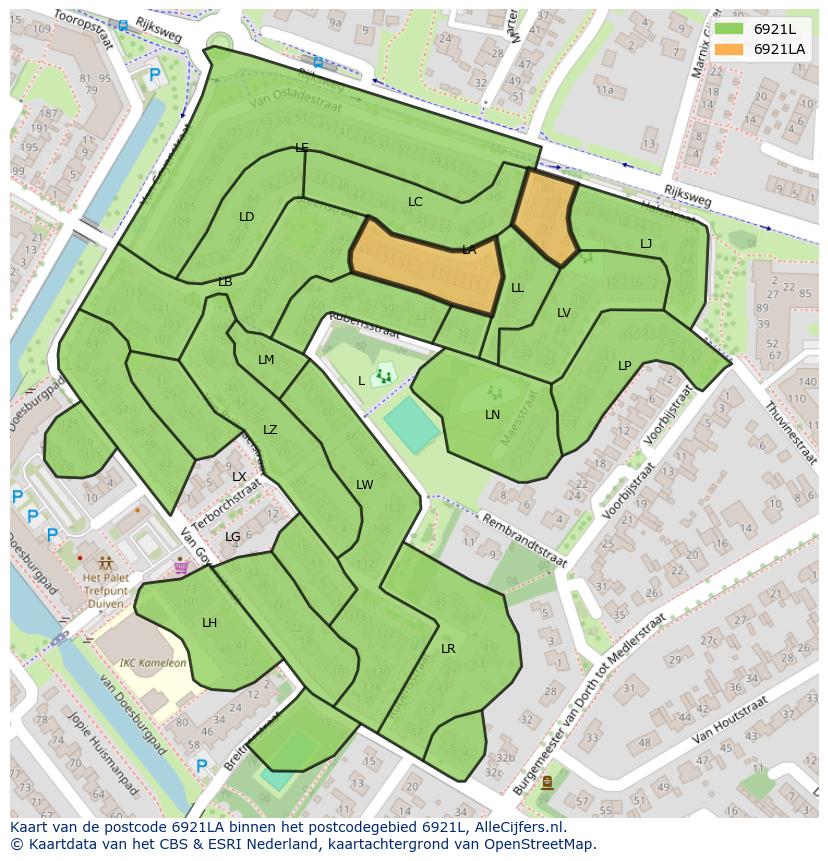Afbeelding van het postcodegebied 6921 LA op de kaart.