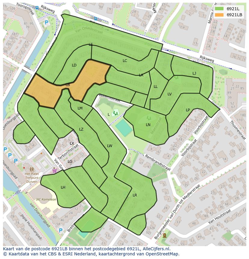 Afbeelding van het postcodegebied 6921 LB op de kaart.