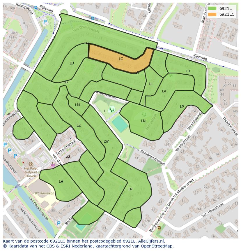 Afbeelding van het postcodegebied 6921 LC op de kaart.