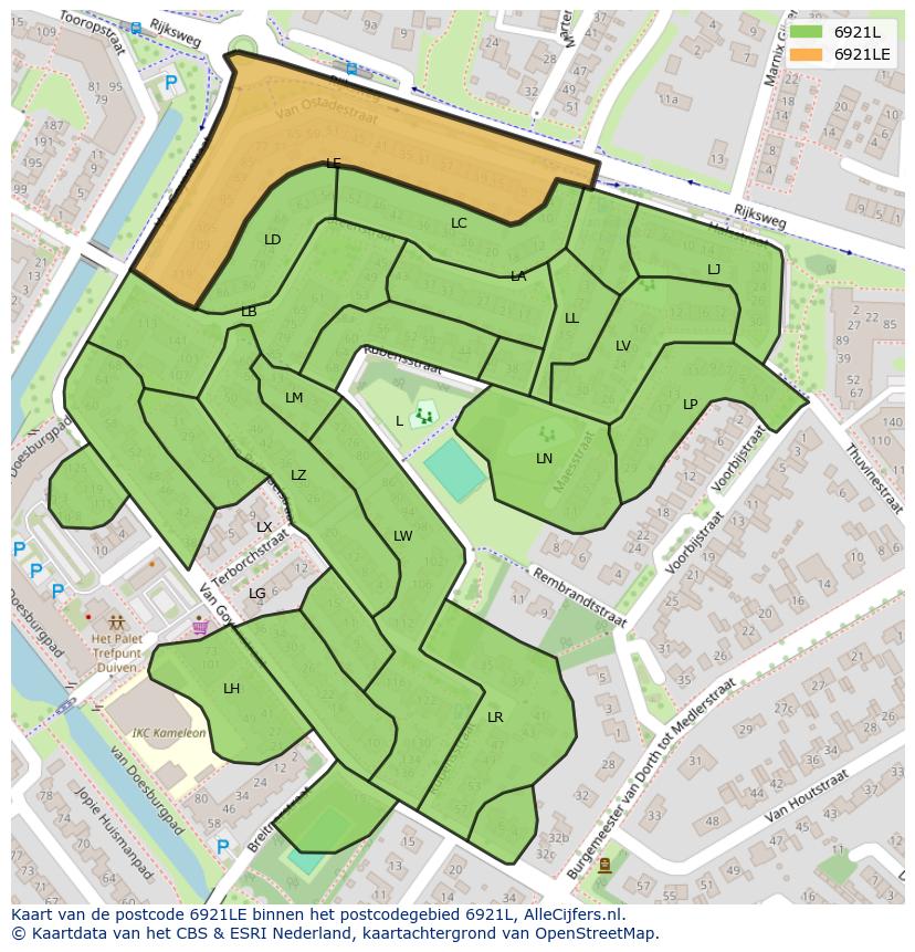 Afbeelding van het postcodegebied 6921 LE op de kaart.