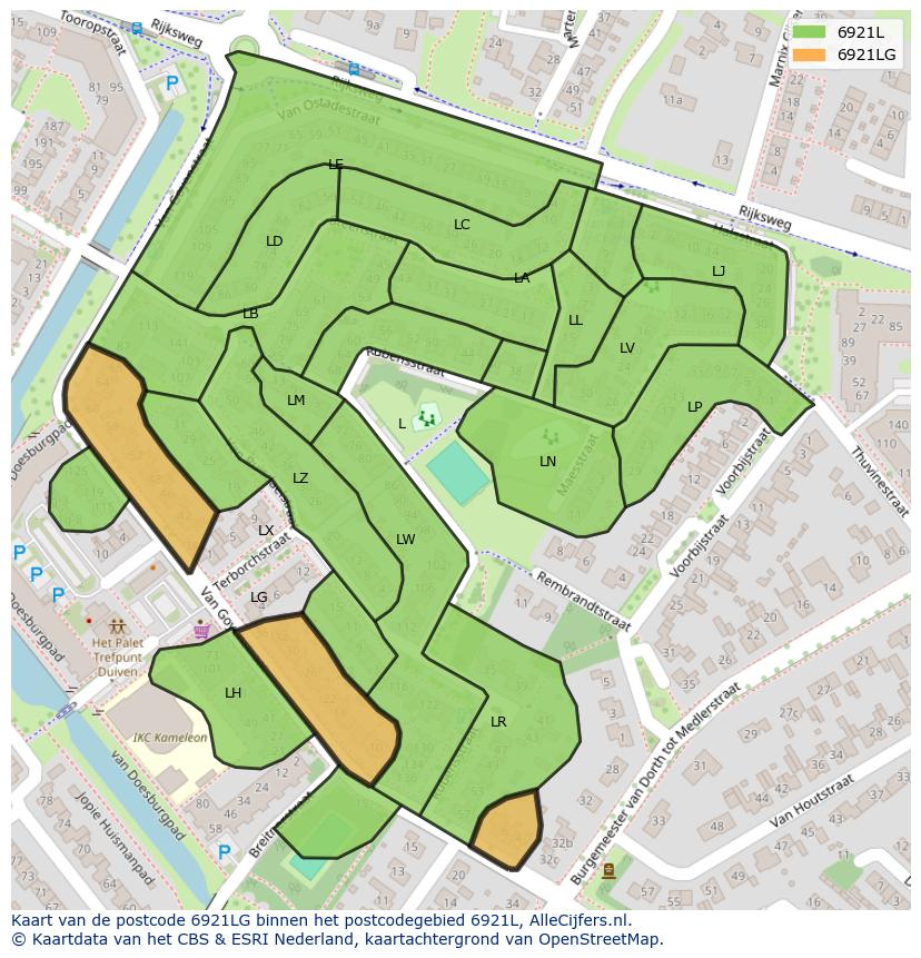 Afbeelding van het postcodegebied 6921 LG op de kaart.