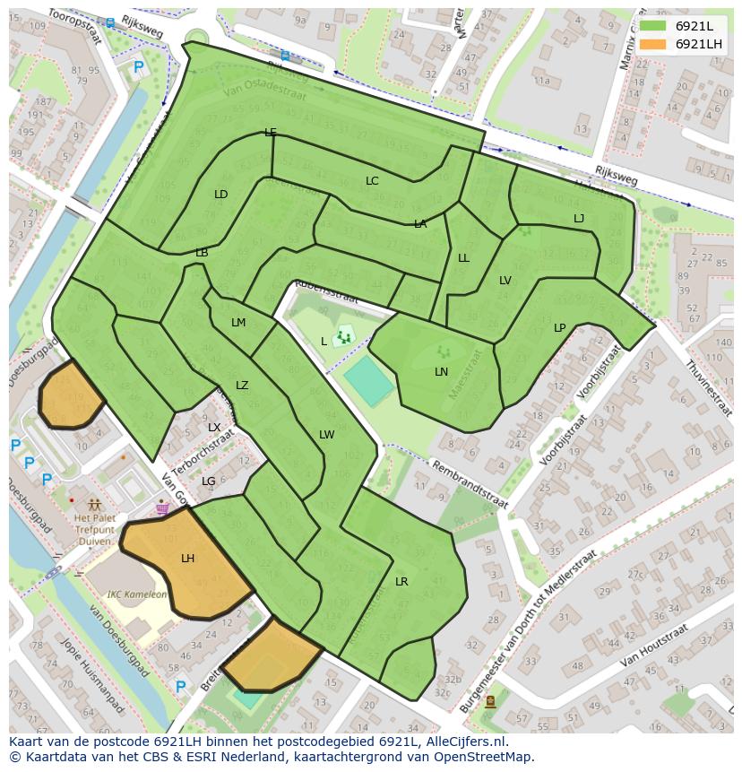 Afbeelding van het postcodegebied 6921 LH op de kaart.